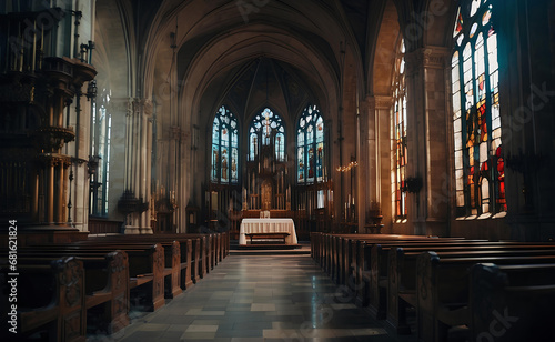 A cathedral interior with beautiful strain glass.