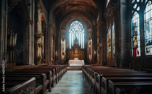 A cathedral interior with beautiful strain glass.