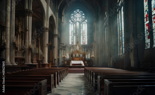 A cathedral interior with beautiful strain glass.