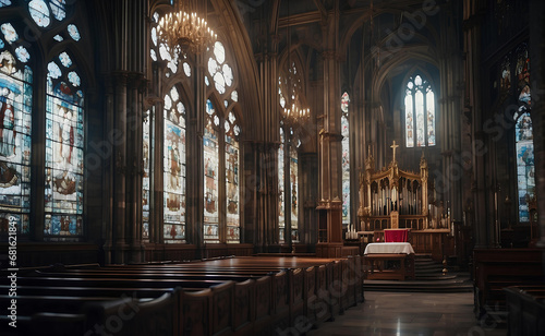 A cathedral interior with beautiful strain glass.