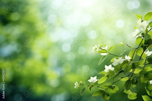  a branch of a tree with white flowers in the foreground and a blurry background of green leaves in the foreground, with soft focus on a sunny day. © Shanti