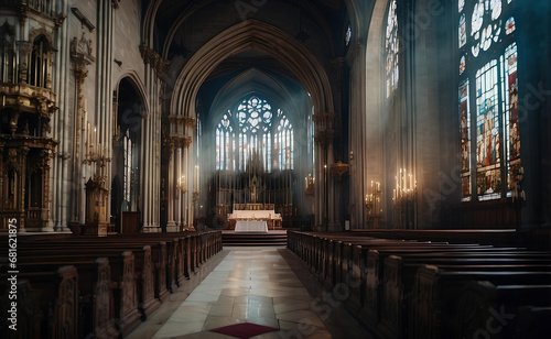 A cathedral interior with beautiful strain glass.