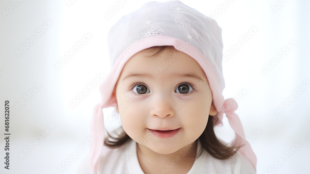 Adorable newborn girl focusing on camera is isolated on a stark white background Adorable newborn girl focusing on camera is isolated on a stark white background