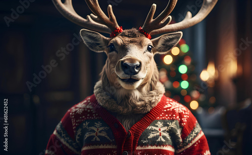A cute smiling reindeer with Christmas sweater.