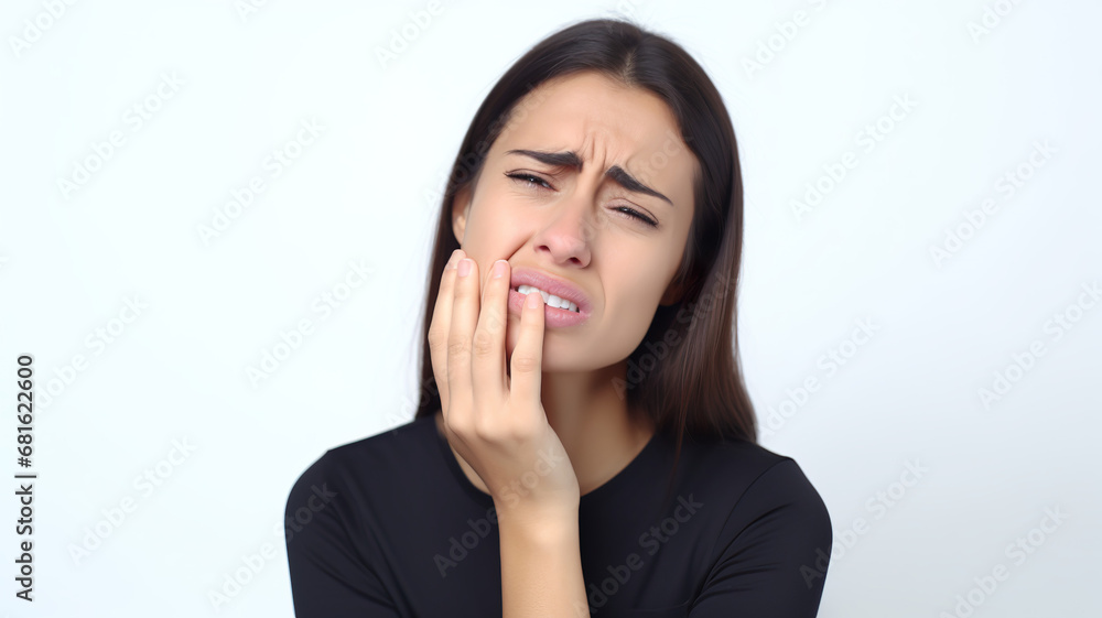 A toothache-stricken female alone against a stark white background A toothache-stricken female alone against a stark white background