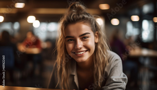 Smiling young adult woman looking at camera with confidence indoors generated by AI