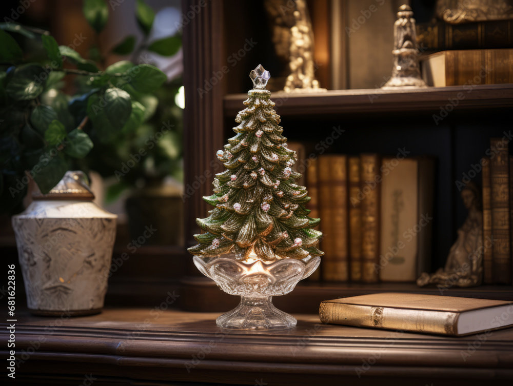 Decorative glass Christmas tree. Modern holiday decor. Trendy Christmas interior details on a shelf in the room. Decorative glass Christmas tree. Modern holiday decor. Trendy Christmas interior details on a shelf in the room.