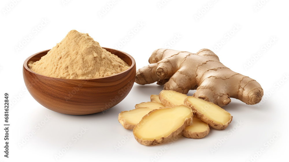 ginger powder in a dish and isolated on a white background are two examples of the ginger on a wood stub. ginger powder in a dish and isolated on a white background are two examples of the ginger on a wood stub.