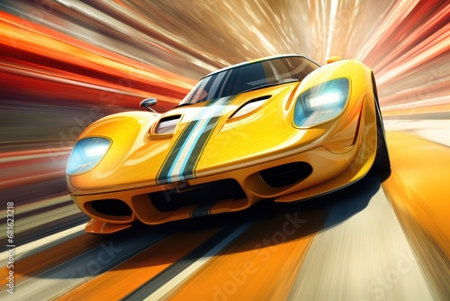  a yellow sports car speeding fast down the road in a blurry image of a speeding car with the hood down and the hood down, with the hood down and the hood down.