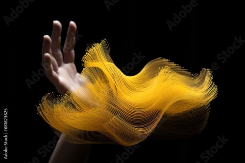  a woman's hand with yellow hair blowing in the wind, on a black background with a blurry image of a woman's hand with yellow hair blowing in the wind. © Shanti