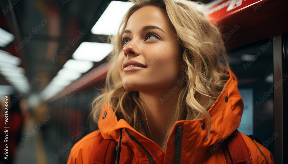 Young woman smiling, looking at camera, enjoying city life generated by AI Young woman smiling, looking at camera, enjoying city life generated by AI