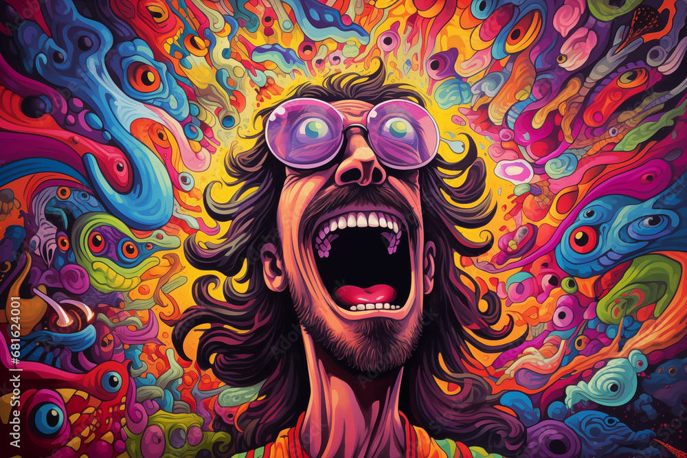 psychedelic gag humor caricature man with colorful background - obrazy, fototapety, plakaty 