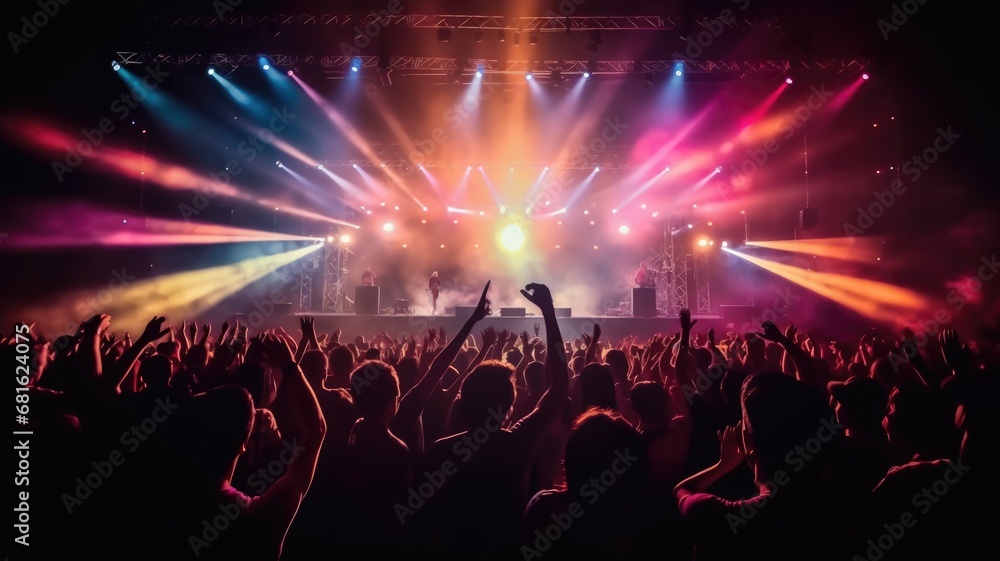 silhouette of concert crowd in front of bright stage lights. Dark background, smoke, concert spotlights