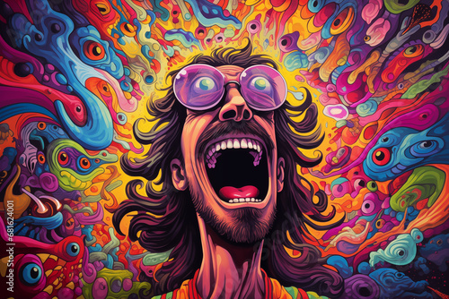 psychedelic gag humor caricature man with colorful background