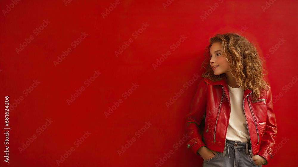 Happy 10-Year-Old Girl in Red Jacket Poses on Red Background Happy 10-Year-Old Girl in Red Jacket Poses on Red Background