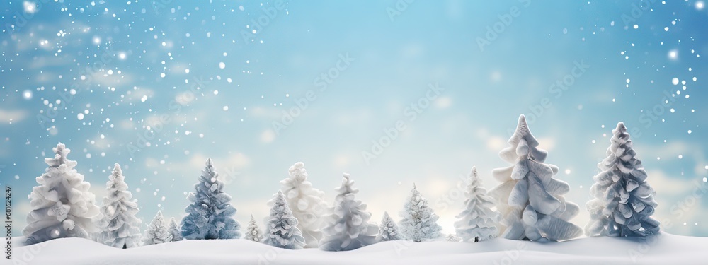 Pine trees under snowfall on icy blue background covered with snow, Decoration for winter season, Christmas celebrations, New Year greeting card with copy space Pine trees under snowfall on icy blue background covered with snow, Decoration for winter season, Christmas celebrations, New Year greeting card with copy space