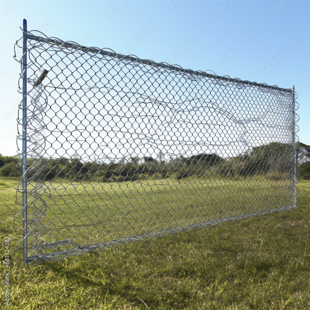 cyclone wire fence, 2.4 meters length, installed on a field cover on grass and some trees on the background. cyclone wire fence, 2.4 meters length, installed on a field cover on grass and some trees on the background.