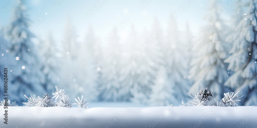 Pine trees under snowfall on icy blue background covered with snow, Decoration for winter season, Christmas celebrations, New Year greeting card with copy space