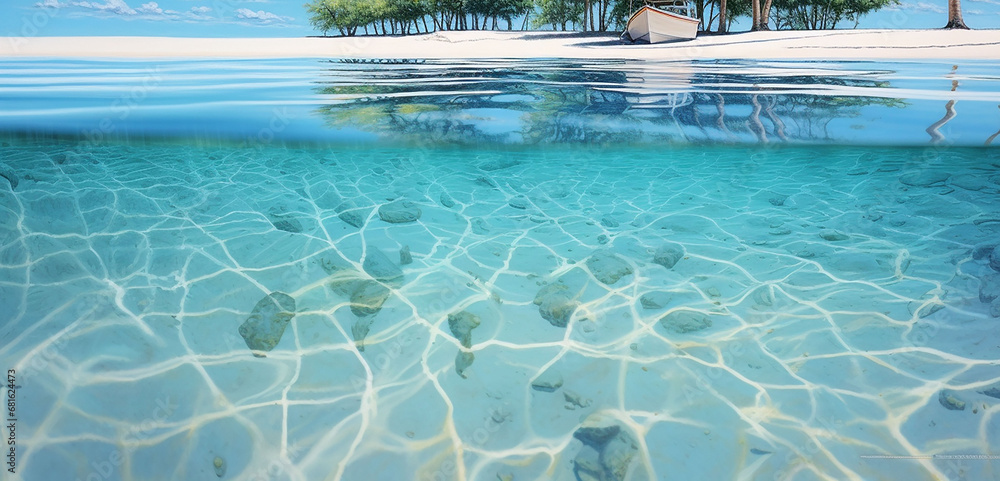 Tropical trees reflected in crystal clear water of a tropical lagoon.   