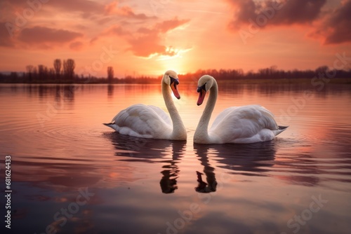  a couple of swans swimming on top of a lake under a cloudy sky with the sun setting in the middle of the lake and the two swans in the middle of the water.