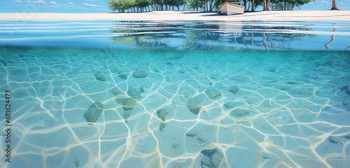 Tropical trees reflected in crystal clear water of a tropical lagoon. 