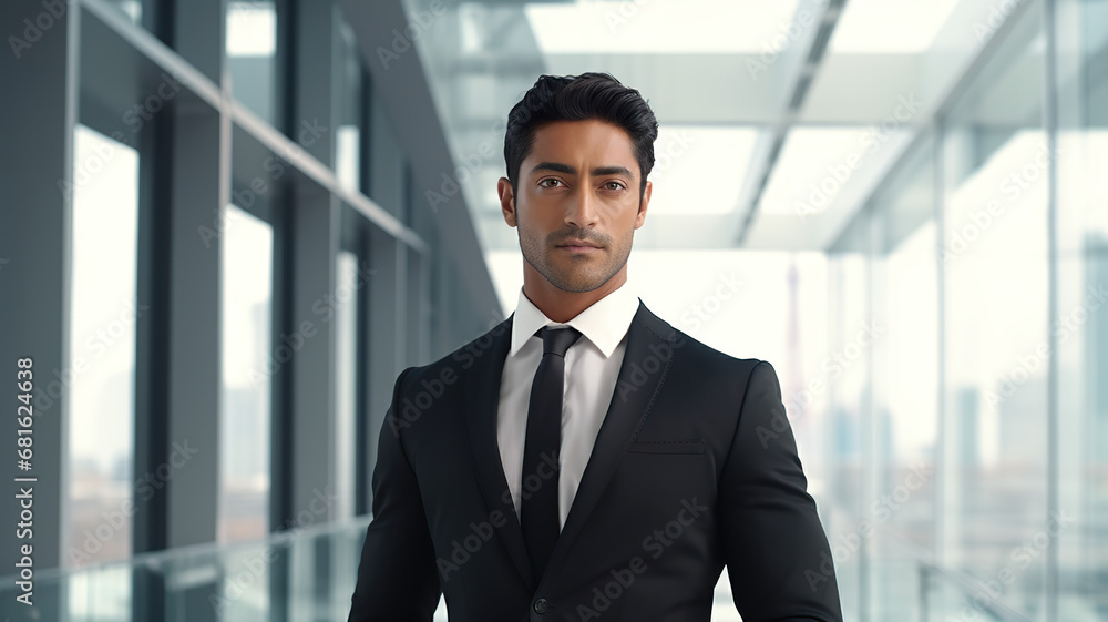 A modern building with an Indian man in a black suit beside the window A modern building with an Indian man in a black suit beside the window