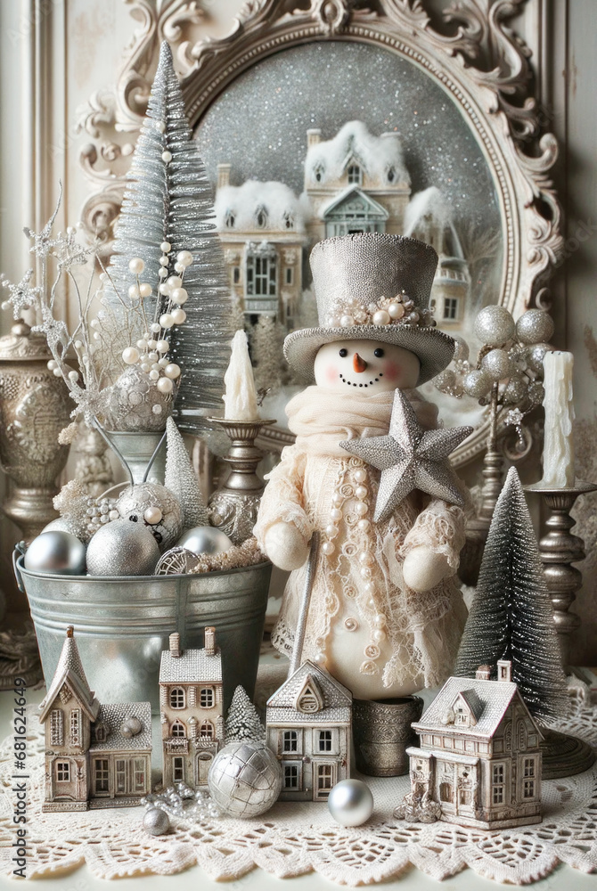 Fototapeta premium Vintage Christmas. Decorative Snowman, Christmas decorations and Winter Village Display