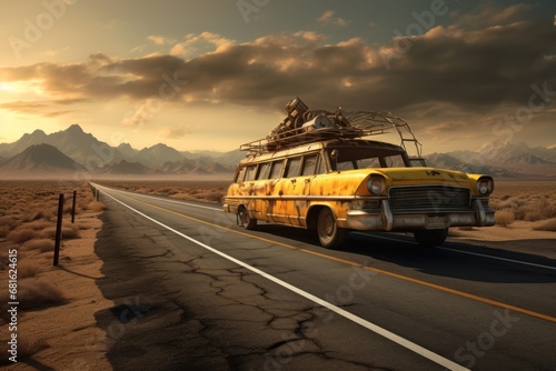  a yellow van driving down a road with mountains in the background and a sky filled with clouds with a sun shining on the top of the top of the van.