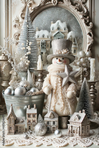 Vintage Christmas. Decorative Snowman, Christmas decorations and Winter Village Display