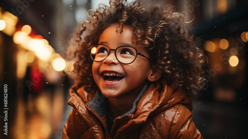 Cheerful african american little girl with curly hair wearing brown coat and eyeglasses looking at the camera.
