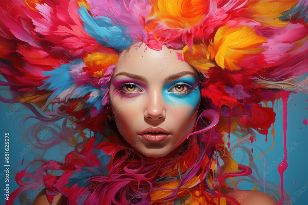  a painting of a woman's face with colorful feathers on it's head and her face painted in blue, red, yellow, orange, pink, and pink.
