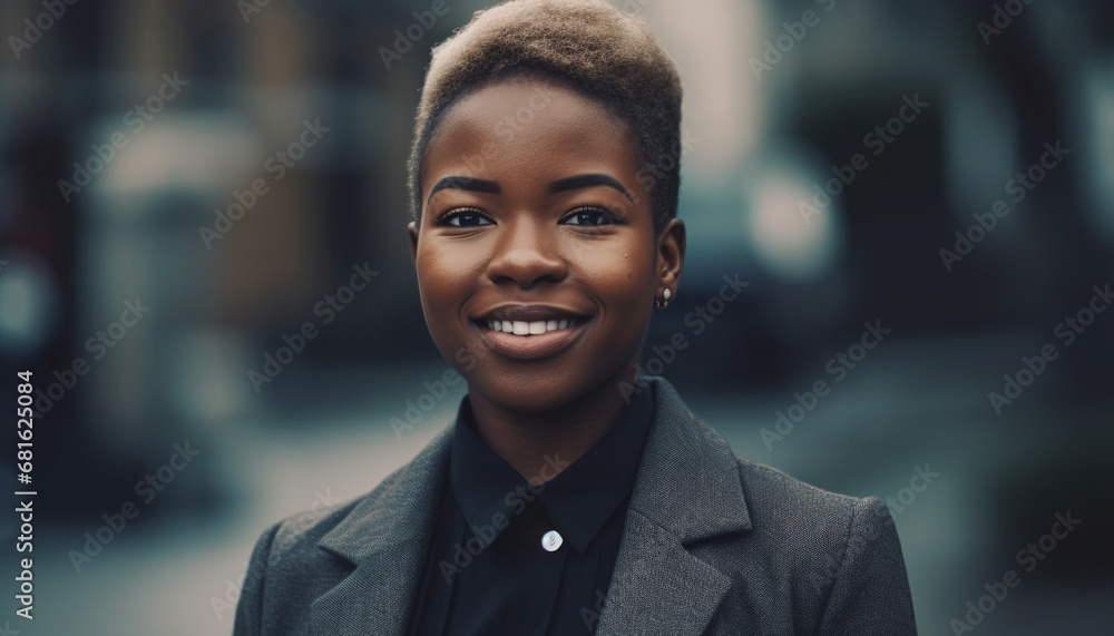 Confident young African businesswoman smiling with toothy grin outdoors generated by AI Confident young African businesswoman smiling with toothy grin outdoors generated by AI