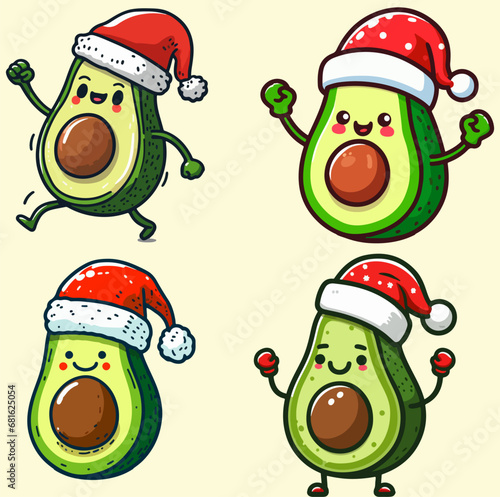 A happy avocado wear christmas hat cartoon cute santa doodle illustration 