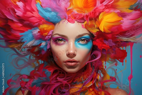  a painting of a woman's face with colorful feathers on it's head and her face painted in blue, red, yellow, orange, pink, and pink.
