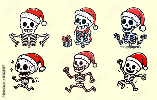 Set of happy skeleton wear Christmas hat halloween hand draw doodle illustration vintage t shirt design 
