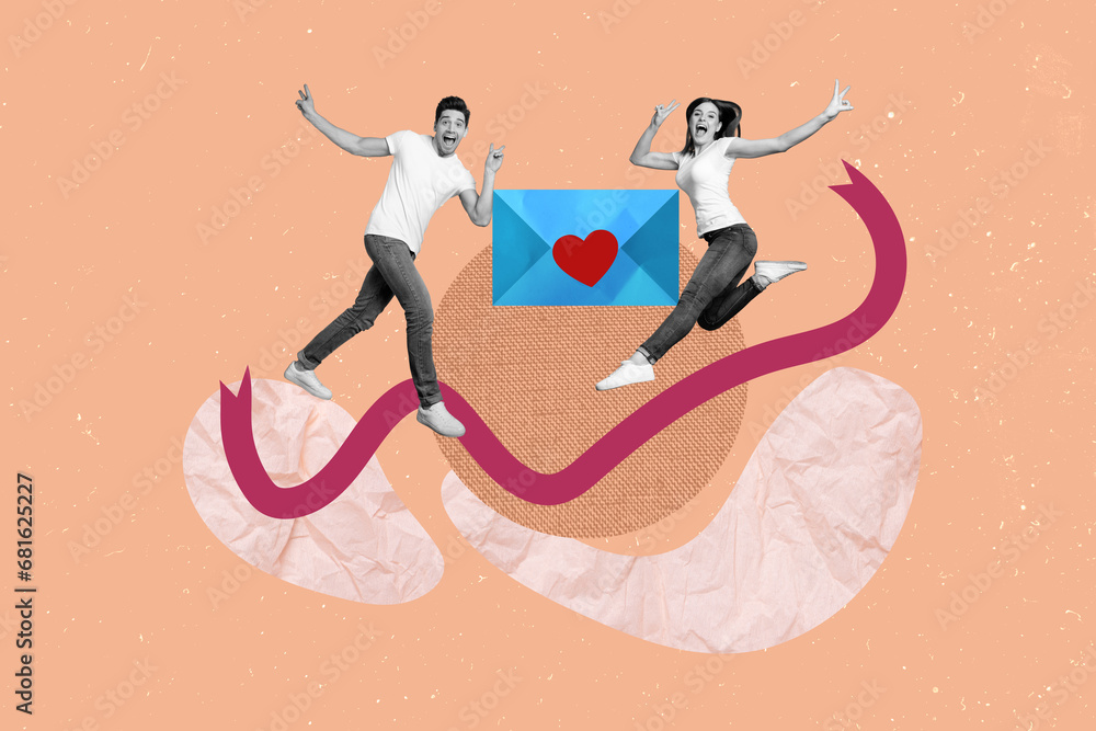 Creative drawing collage picture of funny couple jumping envelope letter dating concept valentine day fantasy billboard comics zine
