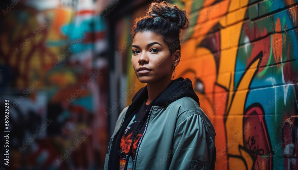 Obraz premium One young woman looking at camera with confidence and elegance generated by AI