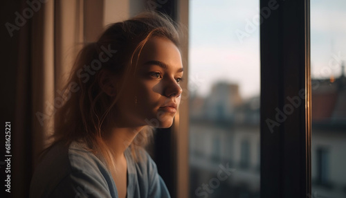 Young woman looking through window at sunset, feeling loneliness generated by AI