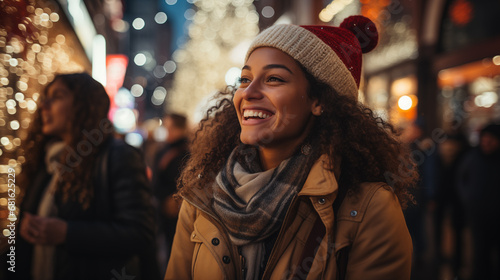 Portrait of a smiling young woman with christmas lights in the background