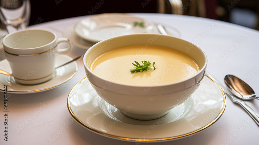 Cream soup in a restaurant, English countryside exquisite cuisine menu, culinary art food and fine dining Cream soup in a restaurant, English countryside exquisite cuisine menu, culinary art food and fine dining