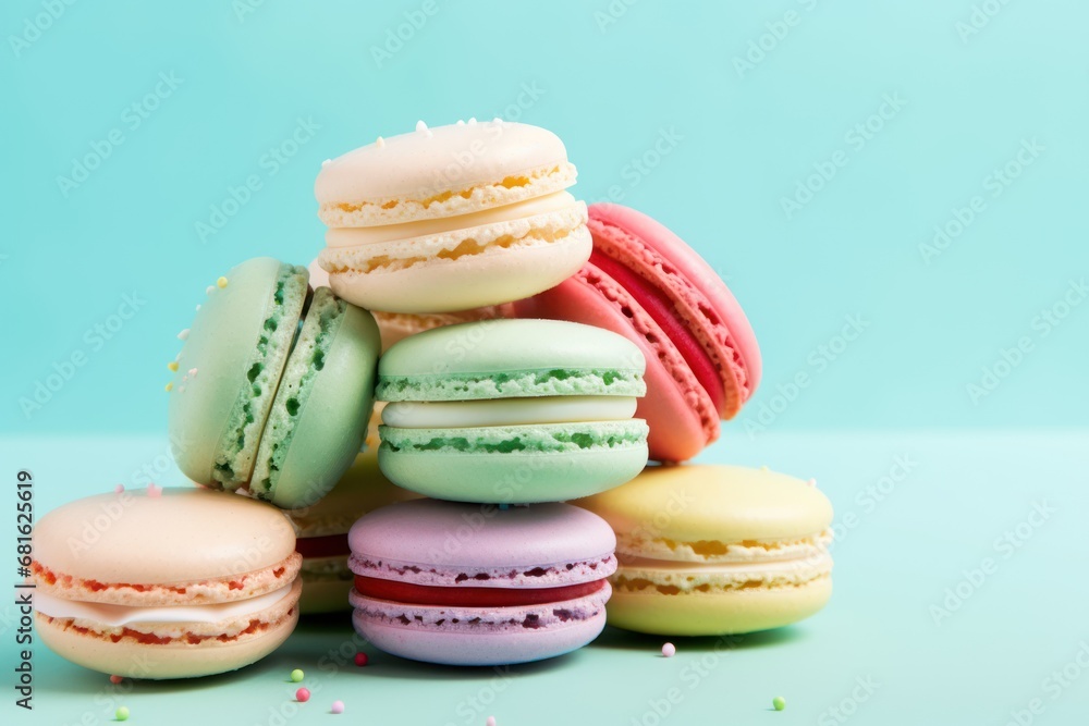 a pile of macaroons sitting on top of each other on top of a blue surface with sprinkles on the top of the macaroons. a pile of macaroons sitting on top of each other on top of a blue surface with sprinkles on the top of the macaroons.