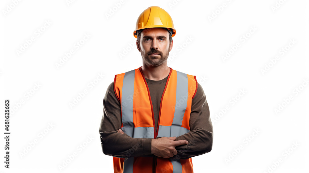 An isolated male construction worker against a stark white background An isolated male construction worker against a stark white background