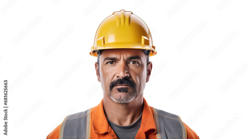 An isolated male construction worker against a stark white background An isolated male construction worker against a stark white background