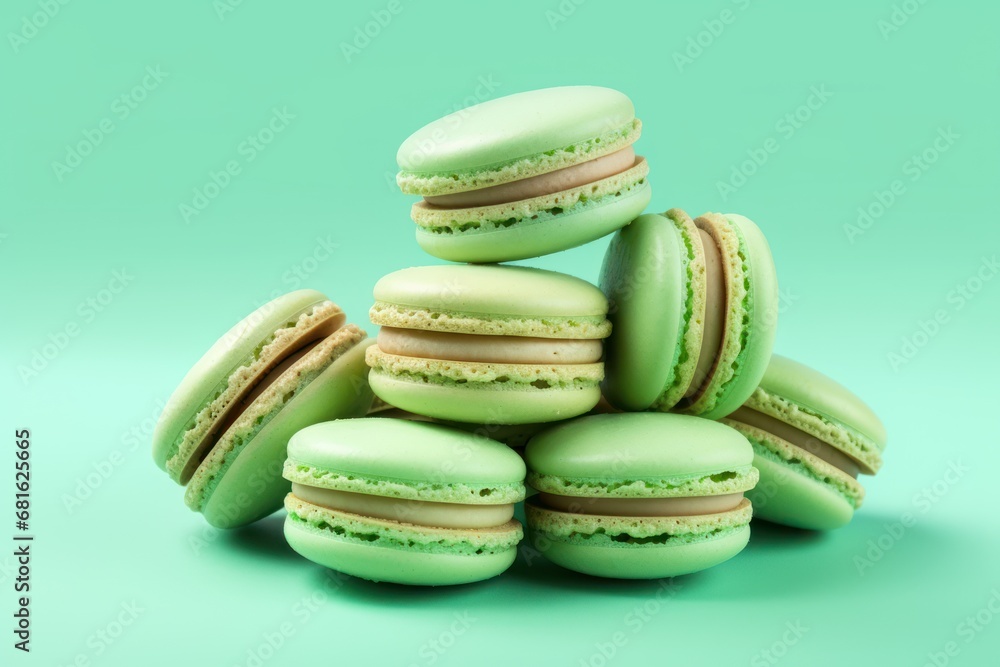 a pile of green macaroons sitting next to each other on top of a blue and green background with one macaroon sitting on top of the other macaroons. a pile of green macaroons sitting next to each other on top of a blue and green background with one macaroon sitting on top of the other macaroons.