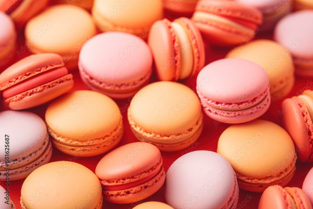 a pile of macaroons sitting on top of a red counter top next to a pile of other macaroni and cheese macaroni and cheese macaroni. a pile of macaroons sitting on top of a red counter top next to a pile of other macaroni and cheese macaroni and cheese macaroni.