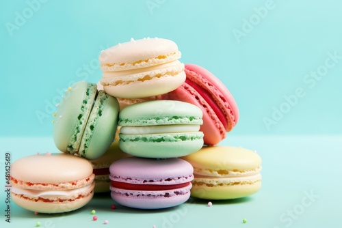  a pile of macaroons sitting on top of each other on top of a blue surface with sprinkles on the top of the macaroons.