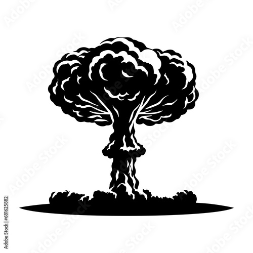 Nuclear explosion mushroom cloud icon. Atomic bomb war silhouette, symbol end of the world isolated on white background. Vector illustration