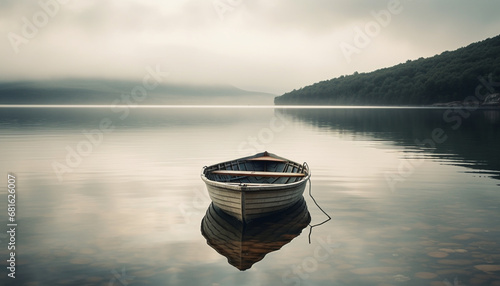 Tranquil scene of a blue rowboat on a peaceful pond generated by AI