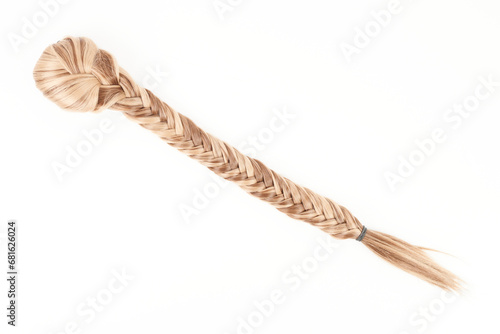 Obraz na plátně Natural looking shiny hair braided in pigtail isolated on white background