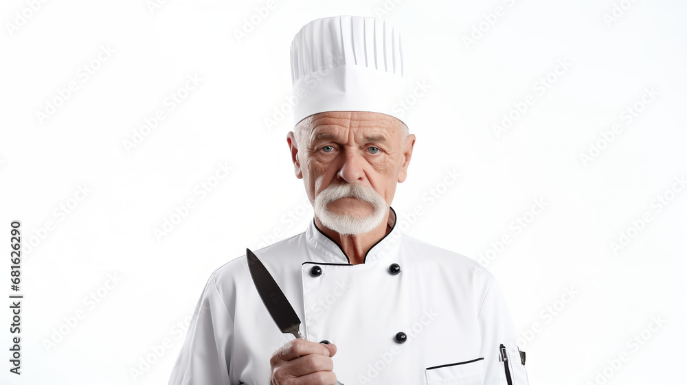 Cutlery and a professional chef isolated on a white background